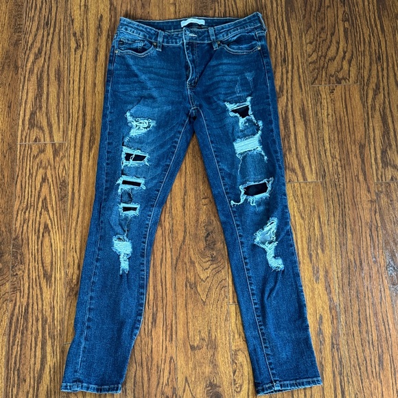 KanCan Dark Blue Distressed Skinny Jeans - Picture 1 of 5
